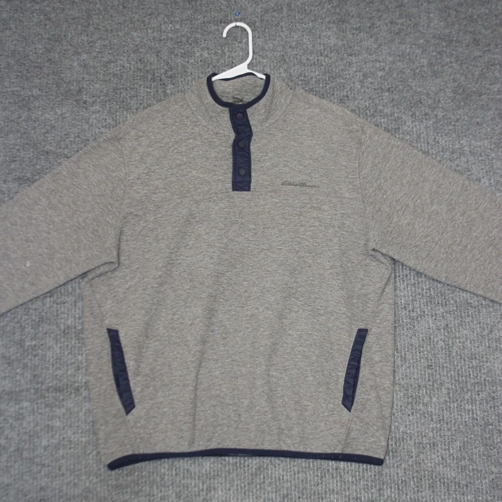 Eddie Bauer Snap Mock‎ Neck Pullover Mens L Gray Fleece Sweatshirt Pocket